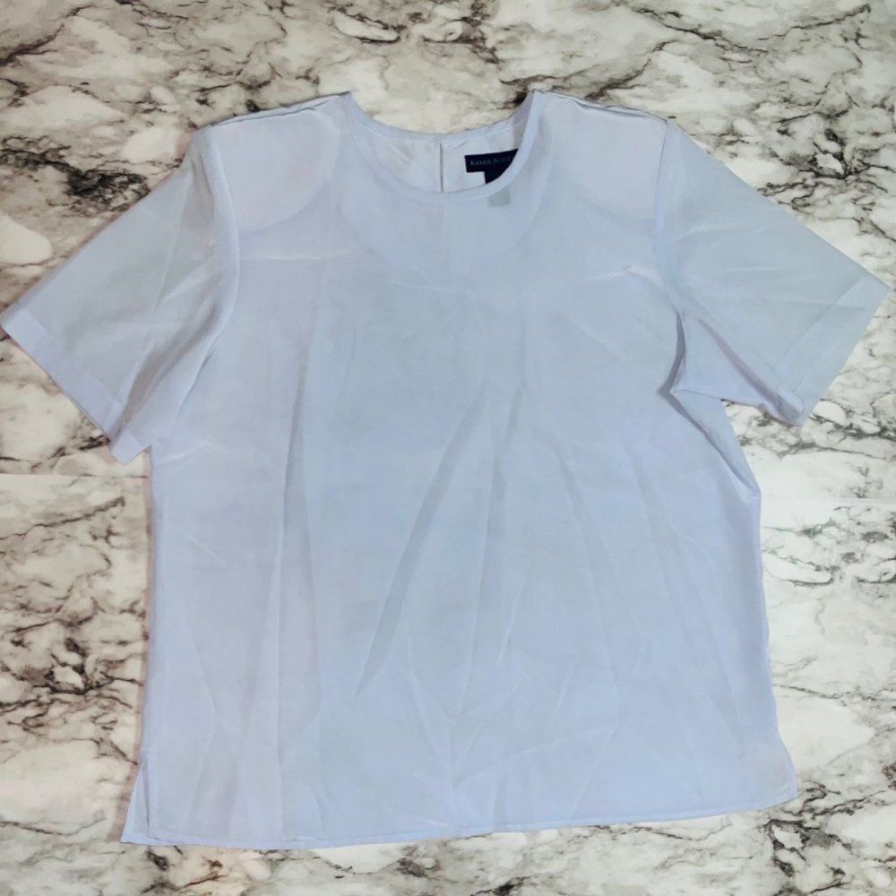 Karen Scott Blouse Women Size Lg Blue Short Sleeve Shoulder Pads Vintage Style